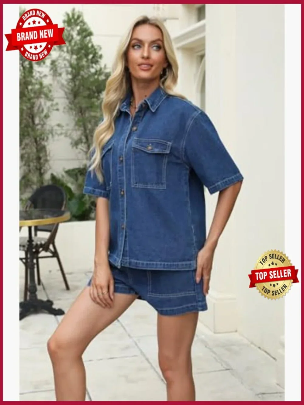 Women's 2 Piece Denim Button Down Shirt & Short Set Summer Matching Outfit